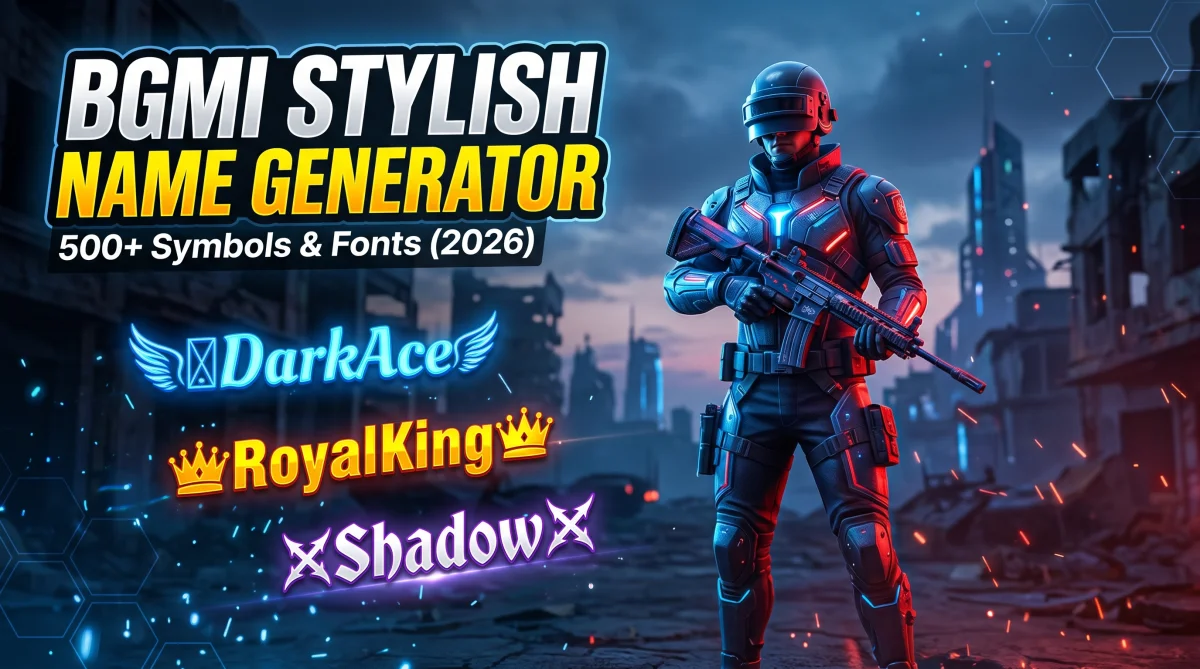 BGMI Stylish Name Generator featuring gaming fonts, stylish nicknames, symbols, and username ideas for Battlegrounds Mobile India players in 2026.
