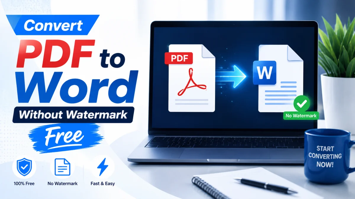 Convert PDF to Word without watermark online free concept showing PDF changing into editable Word document.