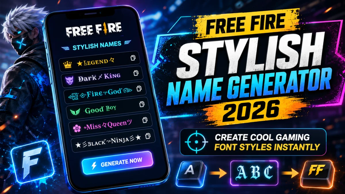 Free Fire Stylish Name Generator 2026 showing gaming font styles and stylish nickname creator online.