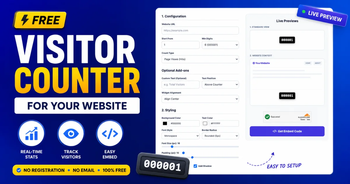 Free website visitor counter and hit counter with live preview and easy embed setup