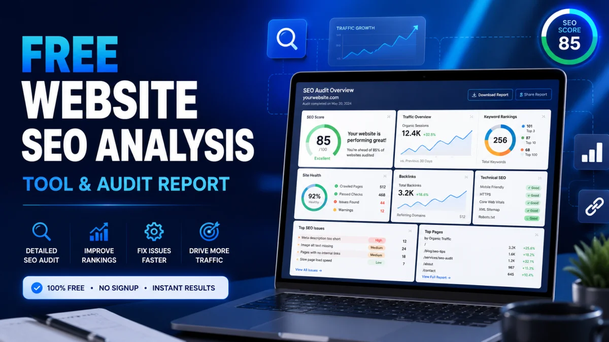 Free SEO report checker dashboard by Toolszu showing website SEO analysis and optimization metrics.