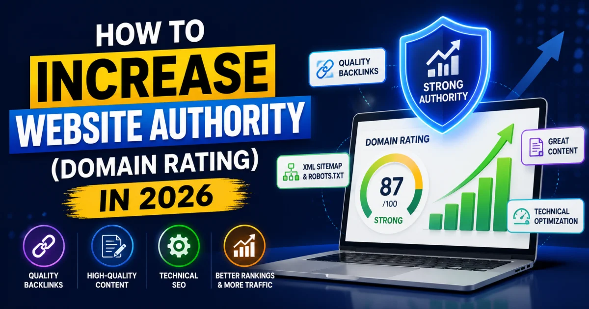 Website authority and Domain Rating SEO guide showing website audit, backlink analysis, XML sitemap, robots.txt, and technical SEO tools for improving search rankings in 2026.