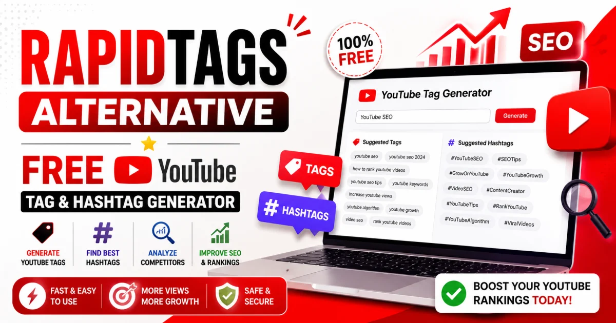 Rapidtags alternative for generating free YouTube tags and hashtags to improve YouTube SEO and video rankings.