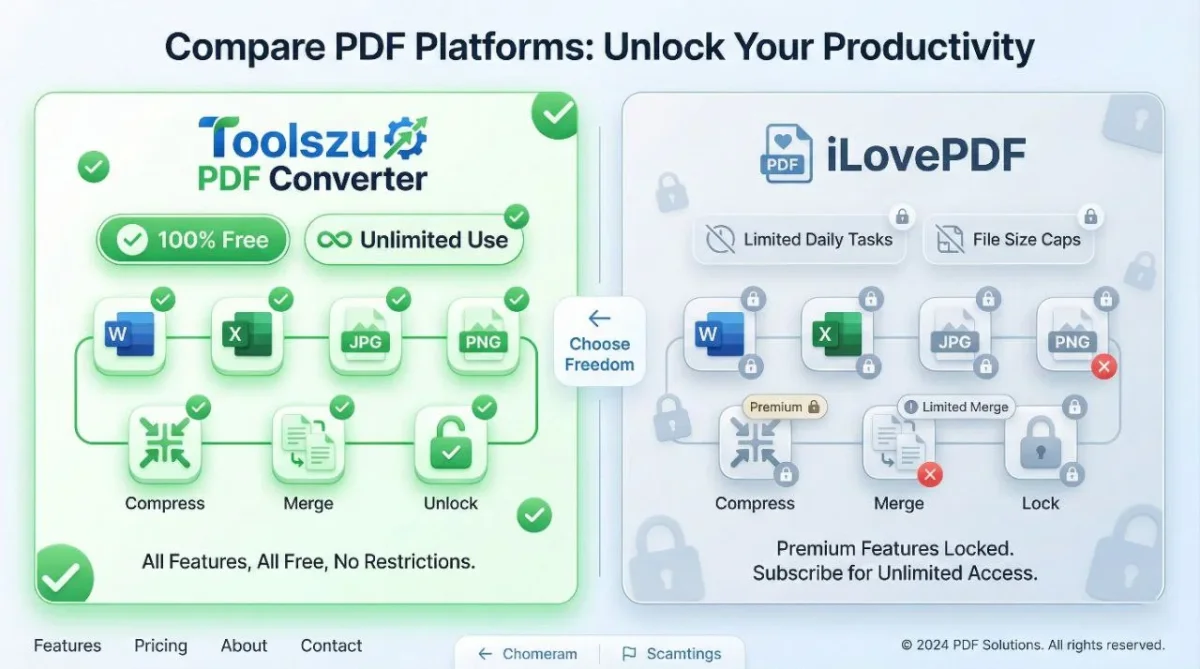 Toolszu PDF Converter vs iLovePDF free online PDF tools comparison