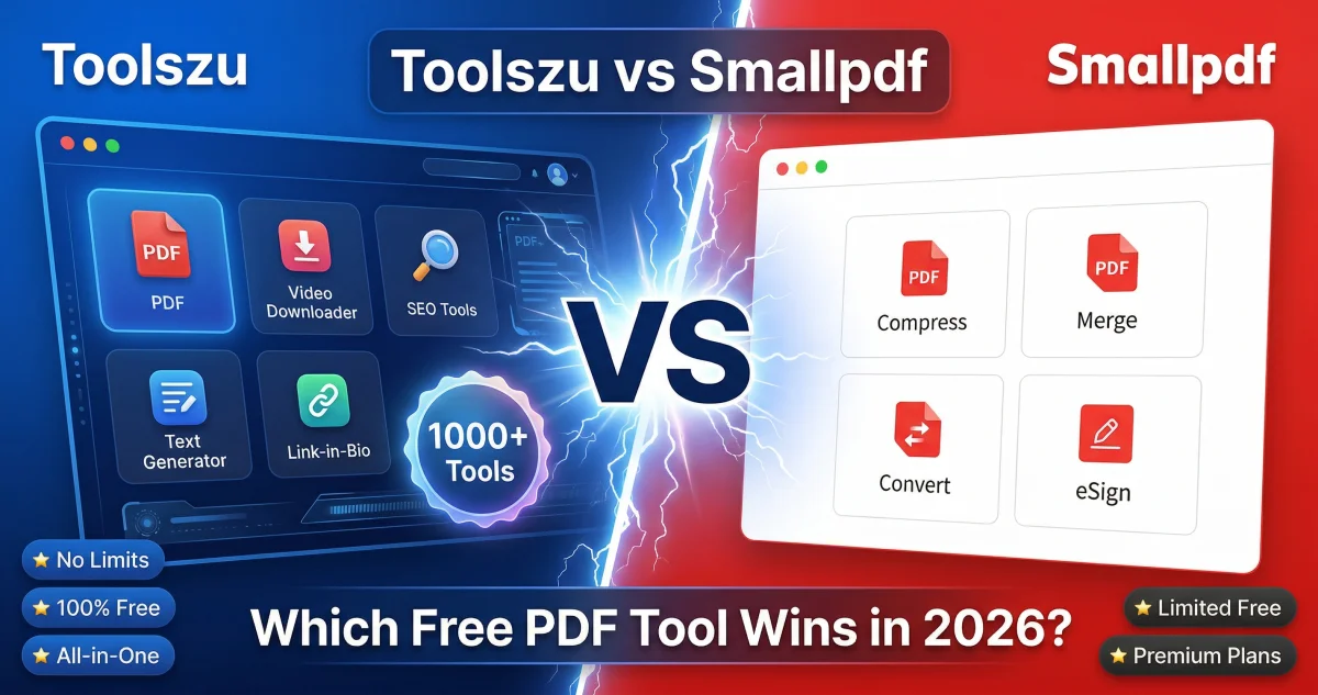 Toolszu vs Smallpdf comparison 2026 showing free PDF tools, features, and limitations